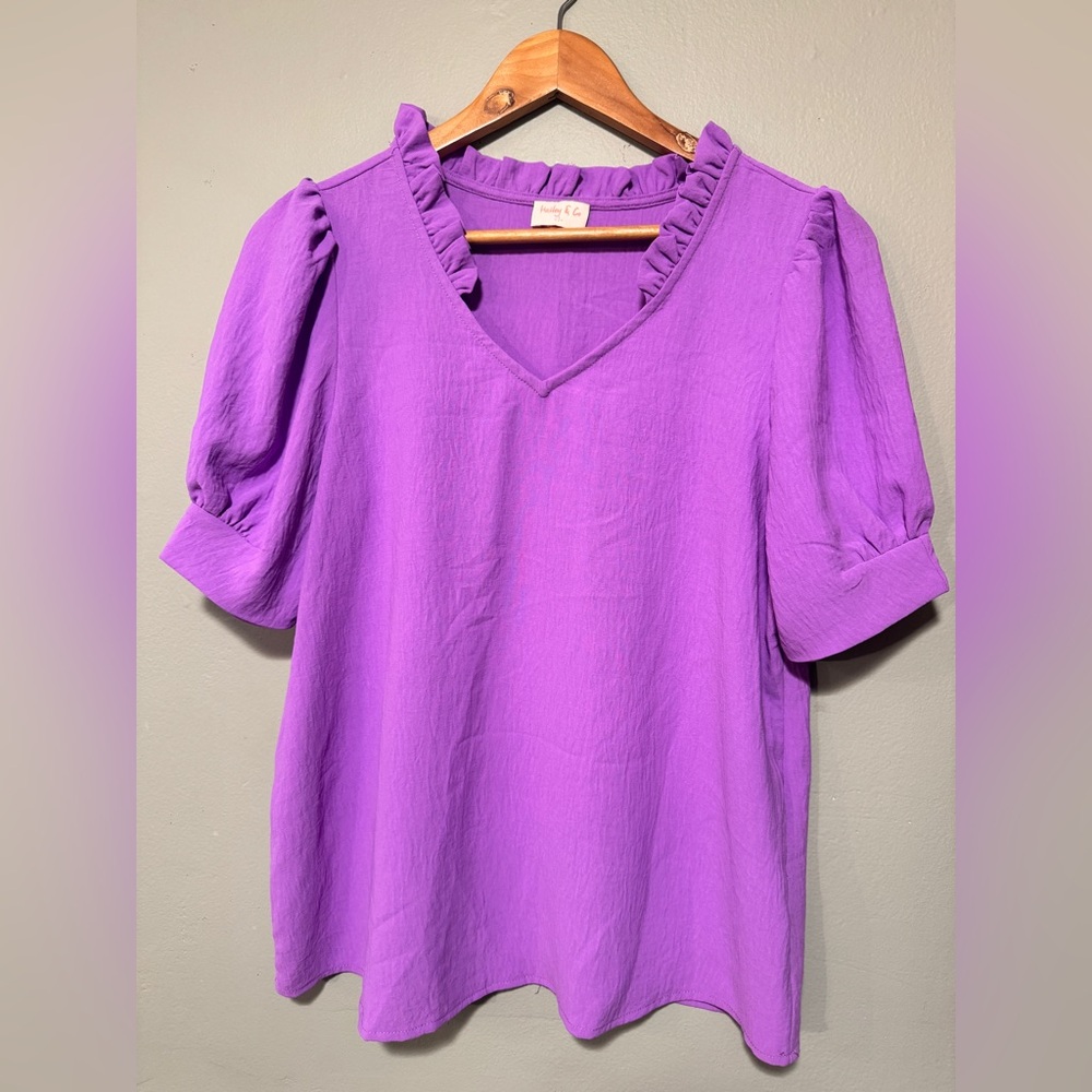 Women’s V-Neck Ruffle Trim Puff Sleeve Blouse - Purple